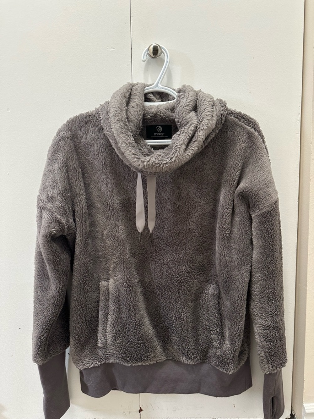 MPG Sport Cozy Sherpa Pullover Hoodie in Purple/Grey